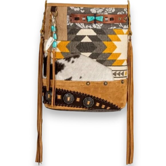 Myra Bag Coyote Bluff Fringed Leather, Weave and Calf Hair Crossbody Bag NWT - Picture 9 of 17